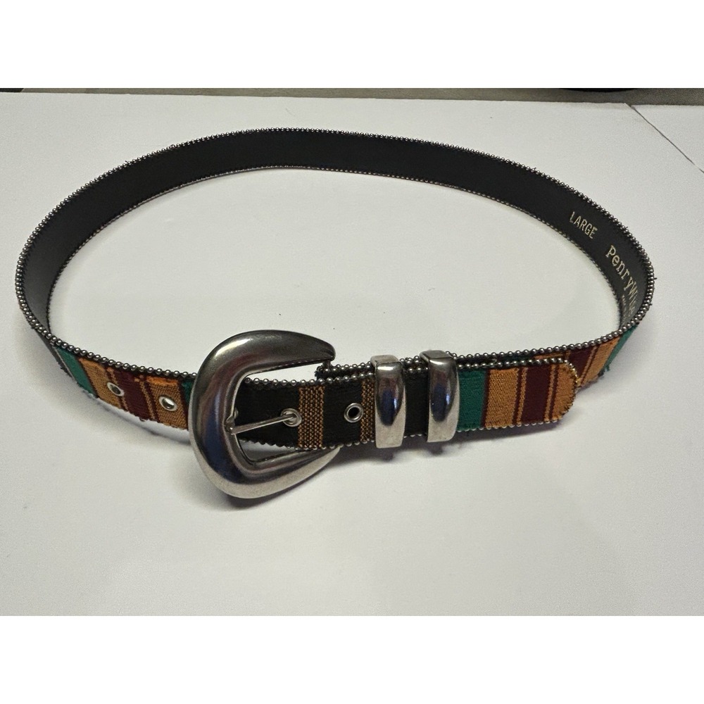 Vintage Woven Striped Tapestry Belt Silver Horseshoe Buckle Ball Chain Trim USA